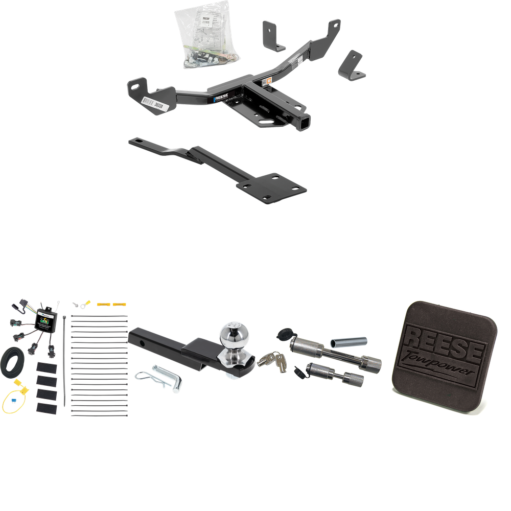 Fits 2013-2015 Chevrolet Malibu Trailer Hitch Tow PKG w/ 4-Flat Zero Contact "No Splice" Wiring Harness + Interlock Starter Kit w/ 2" Ball 1-1/4" Drop 3/4" Rise + Hitch Cover + Dual Hitch & Coupler Locks (Excludes: LTZ & Canada Models Models) By Rees