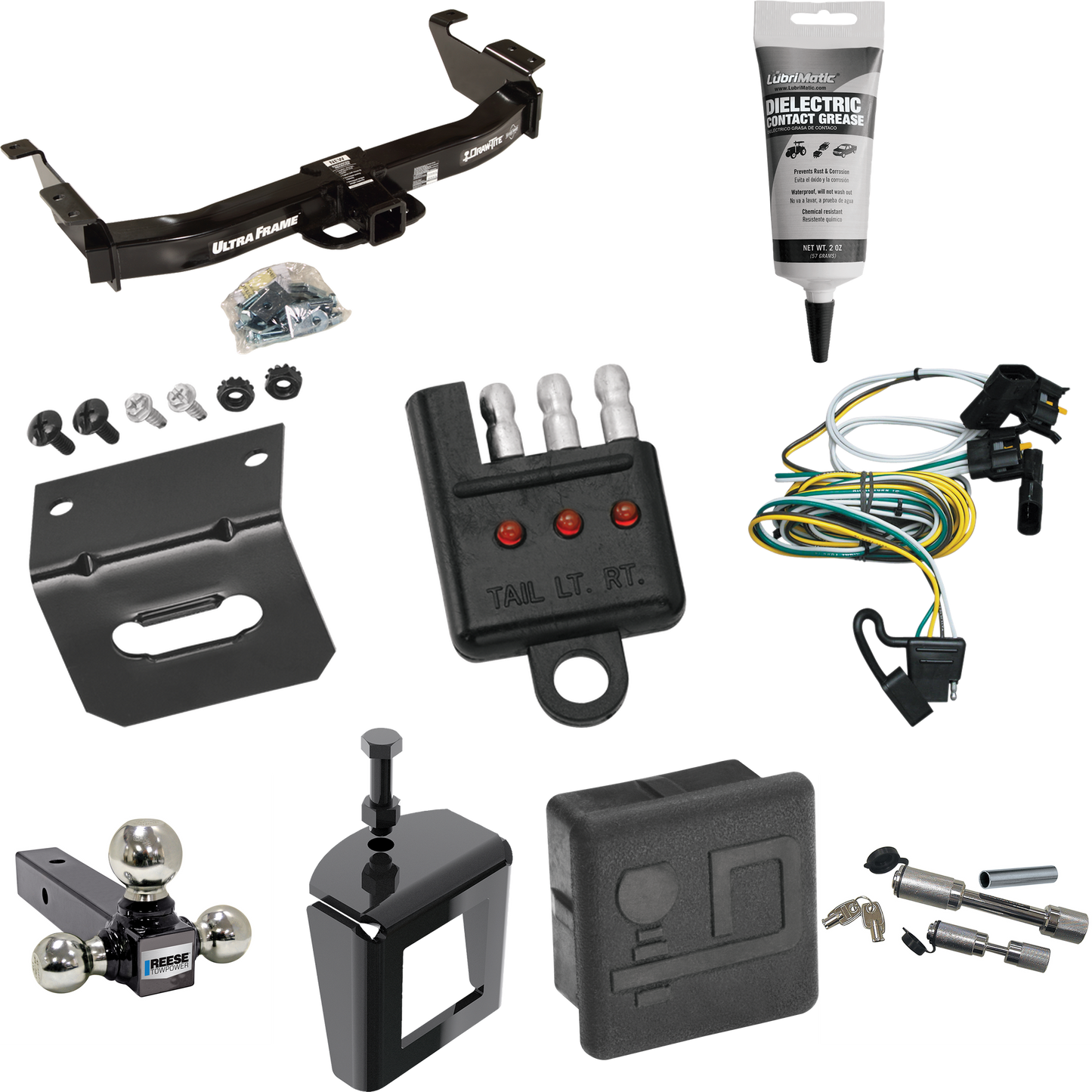 Fits 2000-2002 Ford E-350 Econoline Trailer Hitch Tow PKG w/ 4-Flat Wiring Harness + Triple Ball Ball Mount 1-7/8" & 2" & 2-5/16" Trailer Balls + Dual Hitch & Coupler Locks + Hitch Cover + Wiring Bracket + Wiring Tester + Electric Grease + Anti Rattl