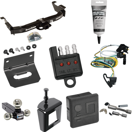 Fits 2000-2002 Ford E-350 Econoline Trailer Hitch Tow PKG w/ 4-Flat Wiring Harness + Triple Ball Ball Mount 1-7/8" & 2" & 2-5/16" Trailer Balls + Dual Hitch & Coupler Locks + Hitch Cover + Wiring Bracket + Wiring Tester + Electric Grease + Anti Rattl