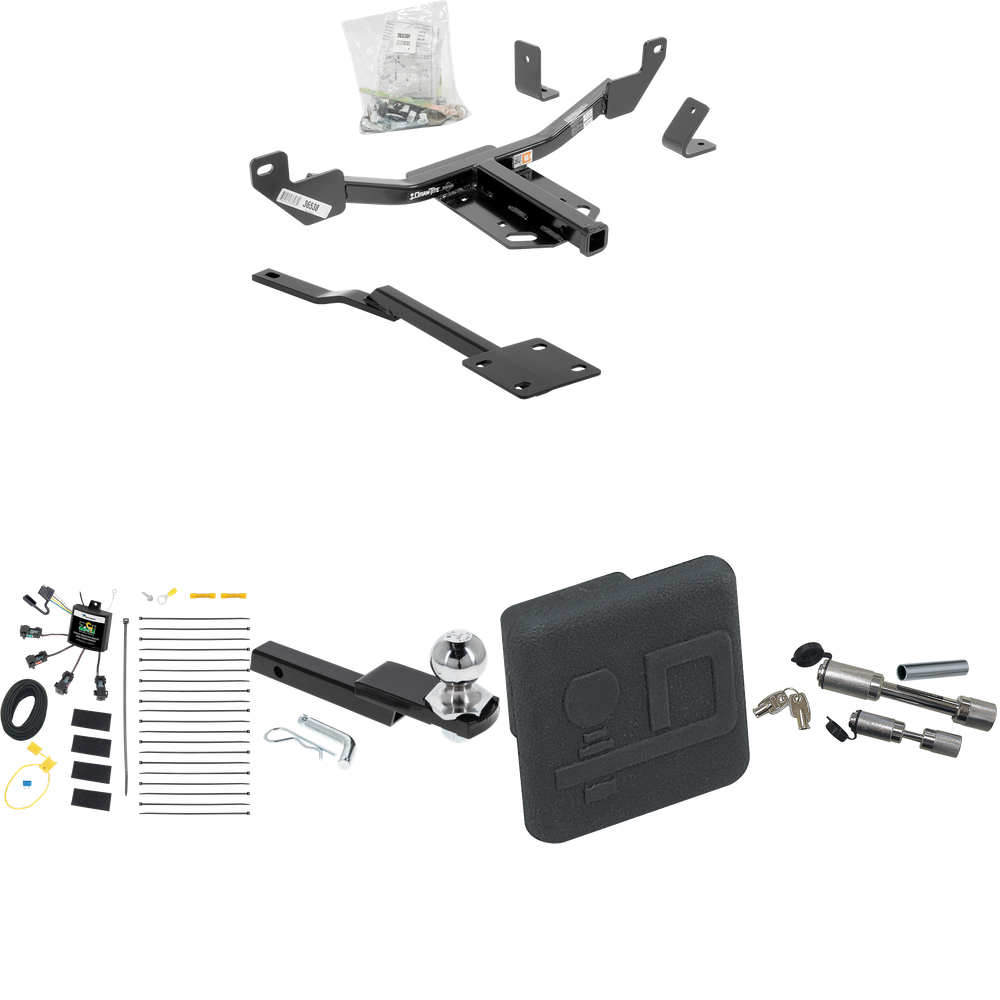 Fits 2013-2019 Cadillac XTS Trailer Hitch Tow PKG w/ 4-Flat Zero Contact "No Splice" Wiring Harness + Interlock Starter Kit w/ 2" Ball 1-1/4" Drop 3/4" Rise + Hitch Cover + Dual Hitch & Coupler Locks By Draw-Tite