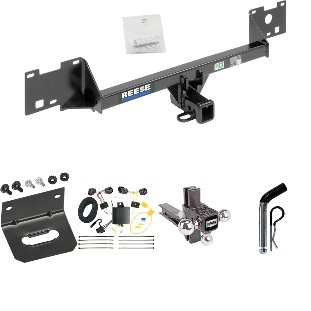 Fits 2015-2023 RAM ProMaster City Trailer Hitch Tow PKG w/ 4-Flat Wiring Harness + Adjustable Drop Rise Triple Ball Ball Mount 1-7/8" & 2" & 2-5/16" Trailer Balls + Pin/Clip + Wiring Bracket By Reese Towpower