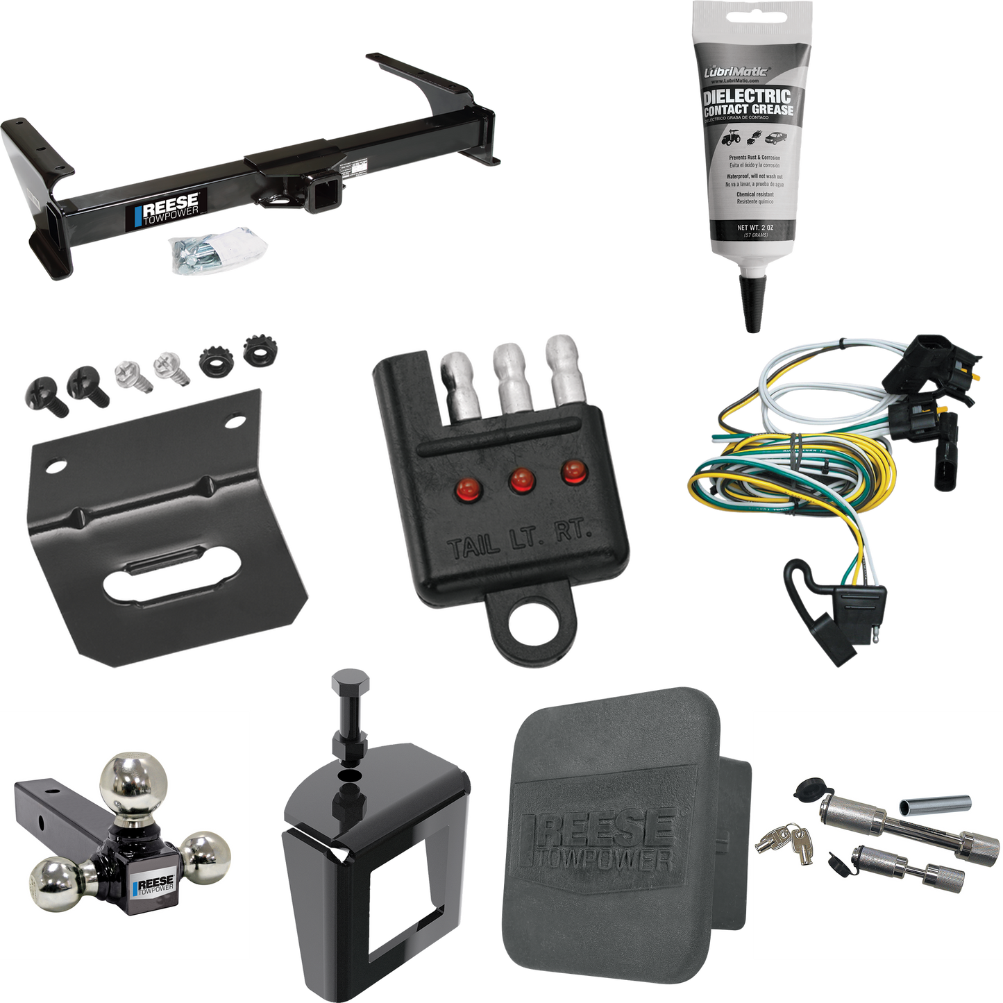 Fits 1995-2002 Ford E-250 Econoline Trailer Hitch Tow PKG w/ 4-Flat Wiring Harness + Triple Ball Ball Mount 1-7/8" & 2" & 2-5/16" Trailer Balls + Dual Hitch & Coupler Locks + Hitch Cover + Wiring Bracket + Wiring Tester + Electric Grease + Anti Rattl