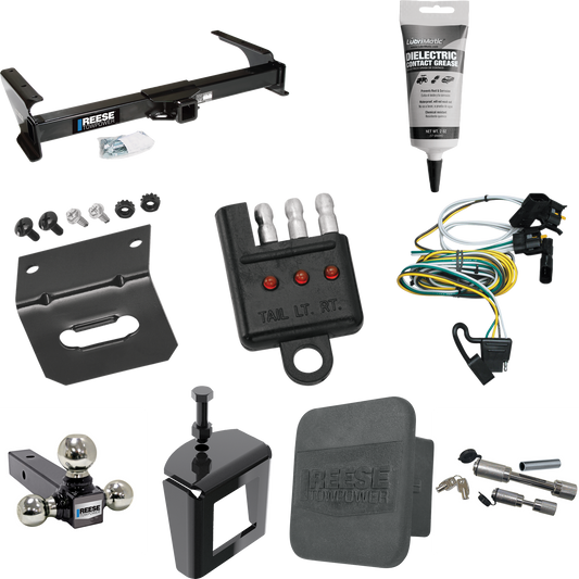 Fits 1995-2002 Ford E-250 Econoline Trailer Hitch Tow PKG w/ 4-Flat Wiring Harness + Triple Ball Ball Mount 1-7/8" & 2" & 2-5/16" Trailer Balls + Dual Hitch & Coupler Locks + Hitch Cover + Wiring Bracket + Wiring Tester + Electric Grease + Anti Rattl