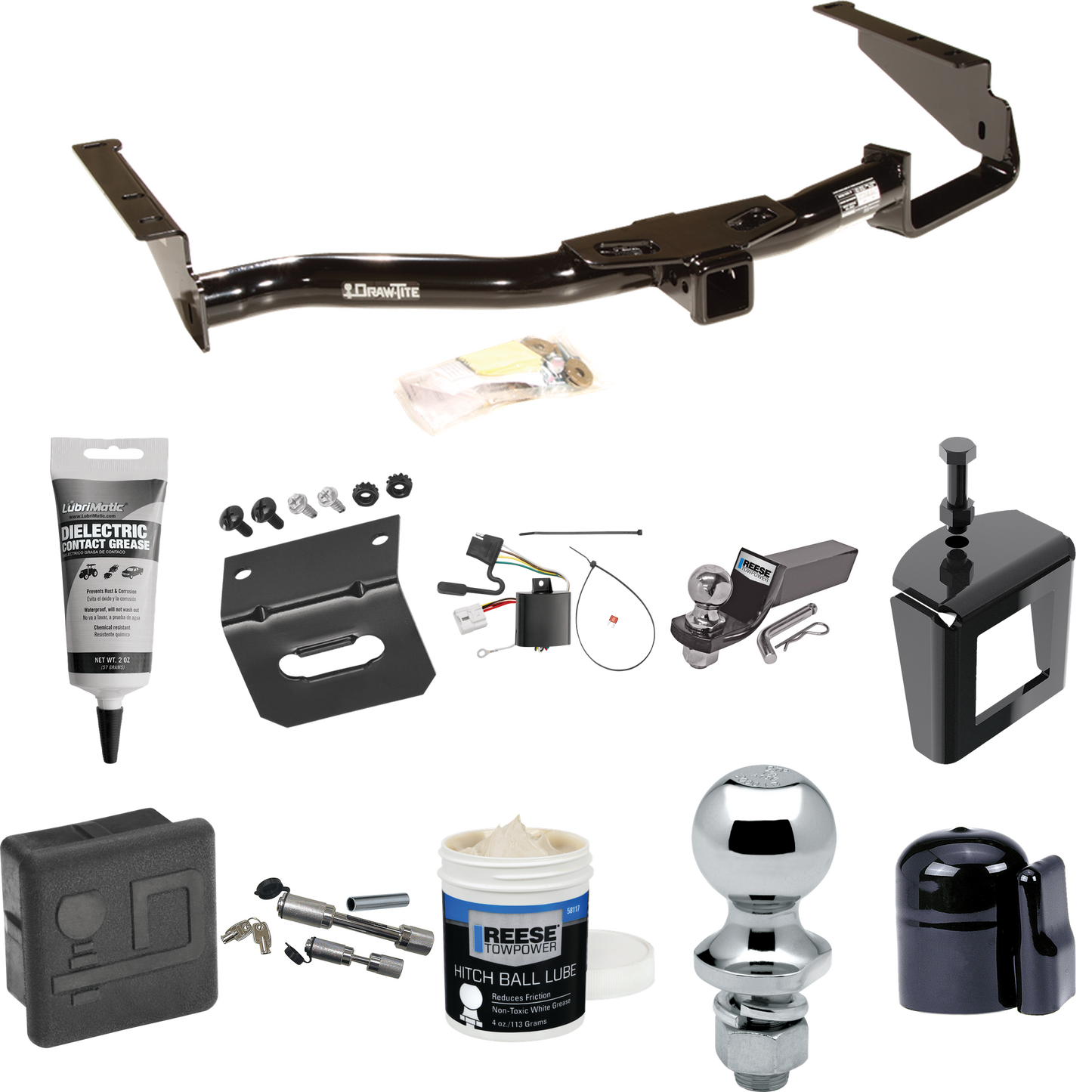 Fits 2004-2007 Toyota Highlander Trailer Hitch Tow PKG w/ 4-Flat Wiring + Starter Kit Ball Mount w/ 2" Drop & 2" Ball + 1-7/8" Ball + Wiring Bracket + Dual Hitch & Coupler Locks + Hitch Cover + Wiring Tester + Ball Lube +Electric Grease + Ball Wrench