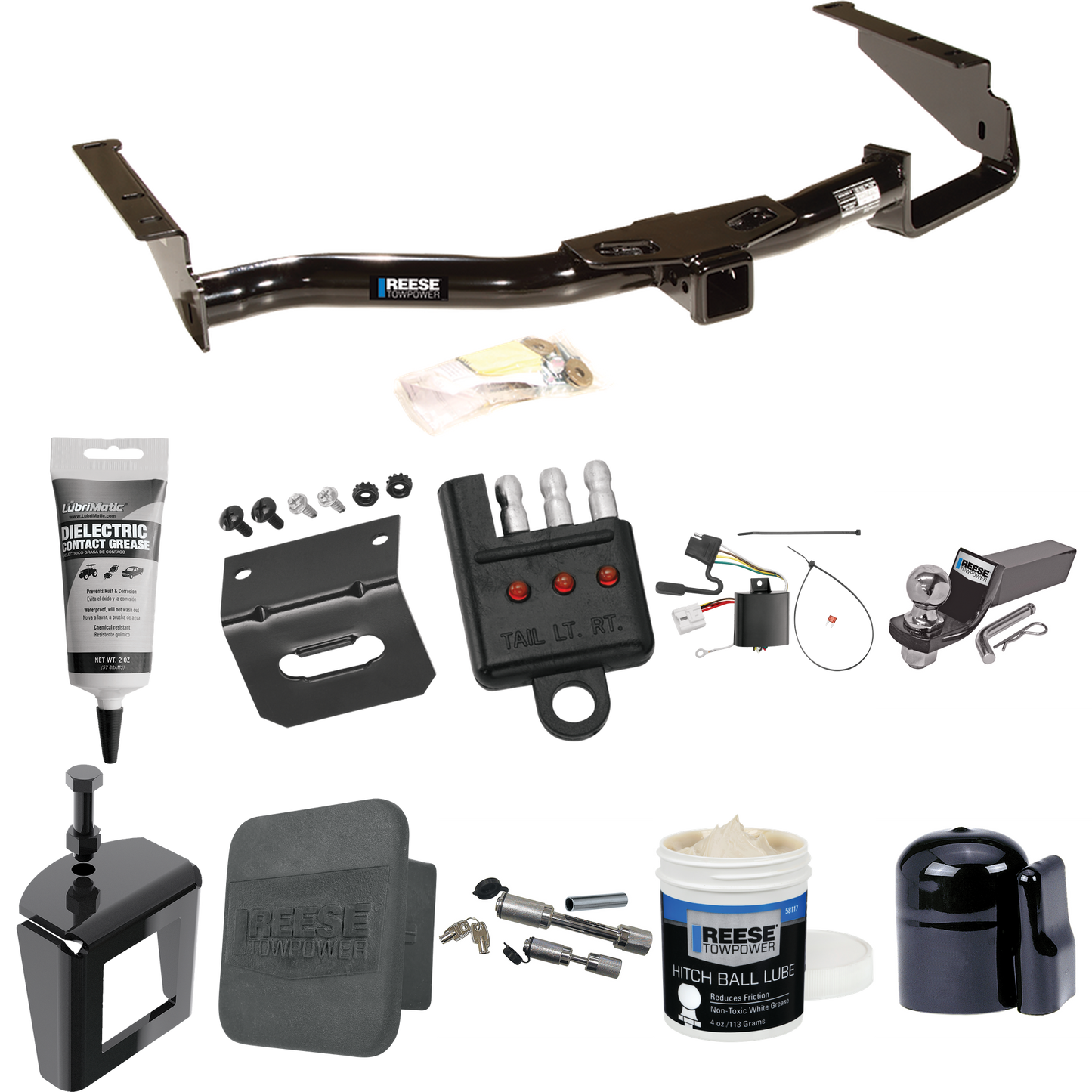 Fits 2004-2007 Toyota Highlander Trailer Hitch Tow PKG w/ 4-Flat Wiring + Starter Kit Ball Mount w/ 2" Drop & 2" Ball + 1-7/8" Ball + Wiring Bracket + Dual Hitch & Coupler Locks + Hitch Cover + Wiring Tester + Ball Lube + Electric Grease + Ball Wrenc