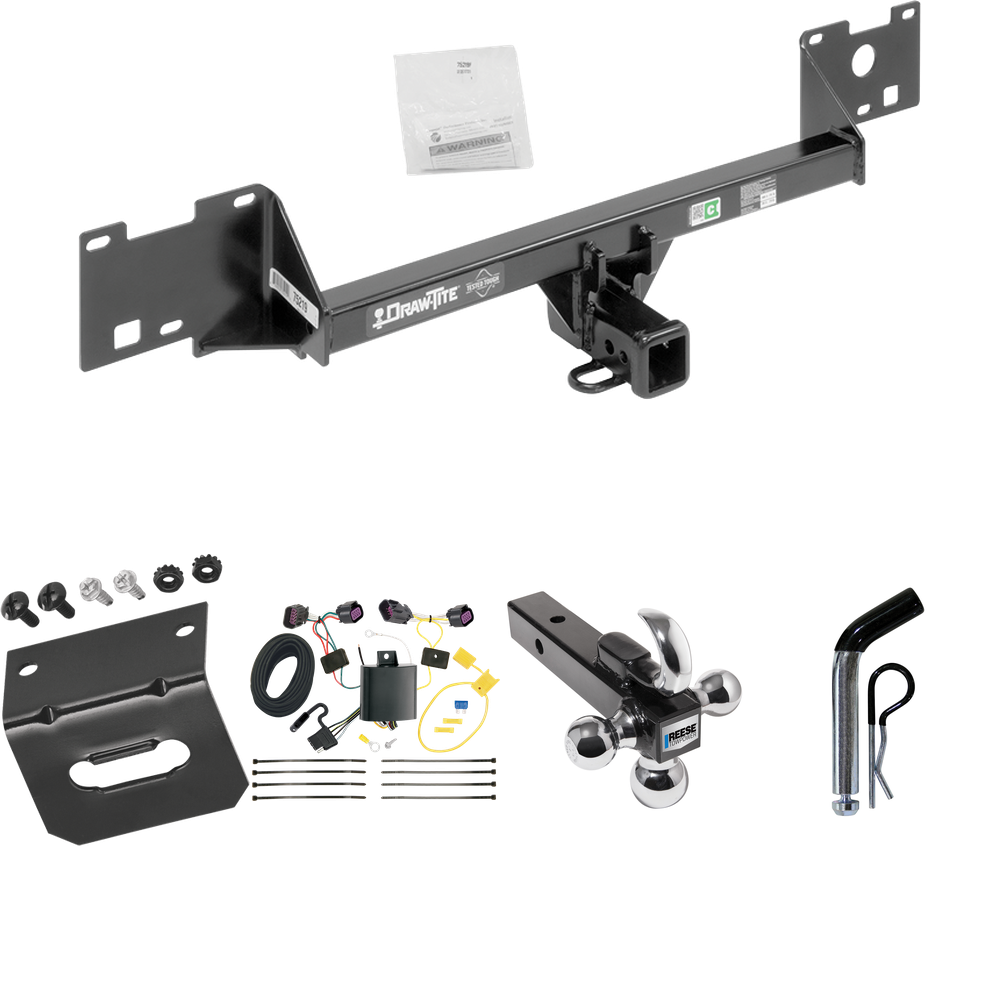 Fits 2015-2023 RAM ProMaster City Trailer Hitch Tow PKG w/ 4-Flat Wiring Harness + Triple Ball Ball Mount 1-7/8" & 2" & 2-5/16" Trailer Balls w/ Tow Hook + Pin/Clip + Wiring Bracket By Draw-Tite