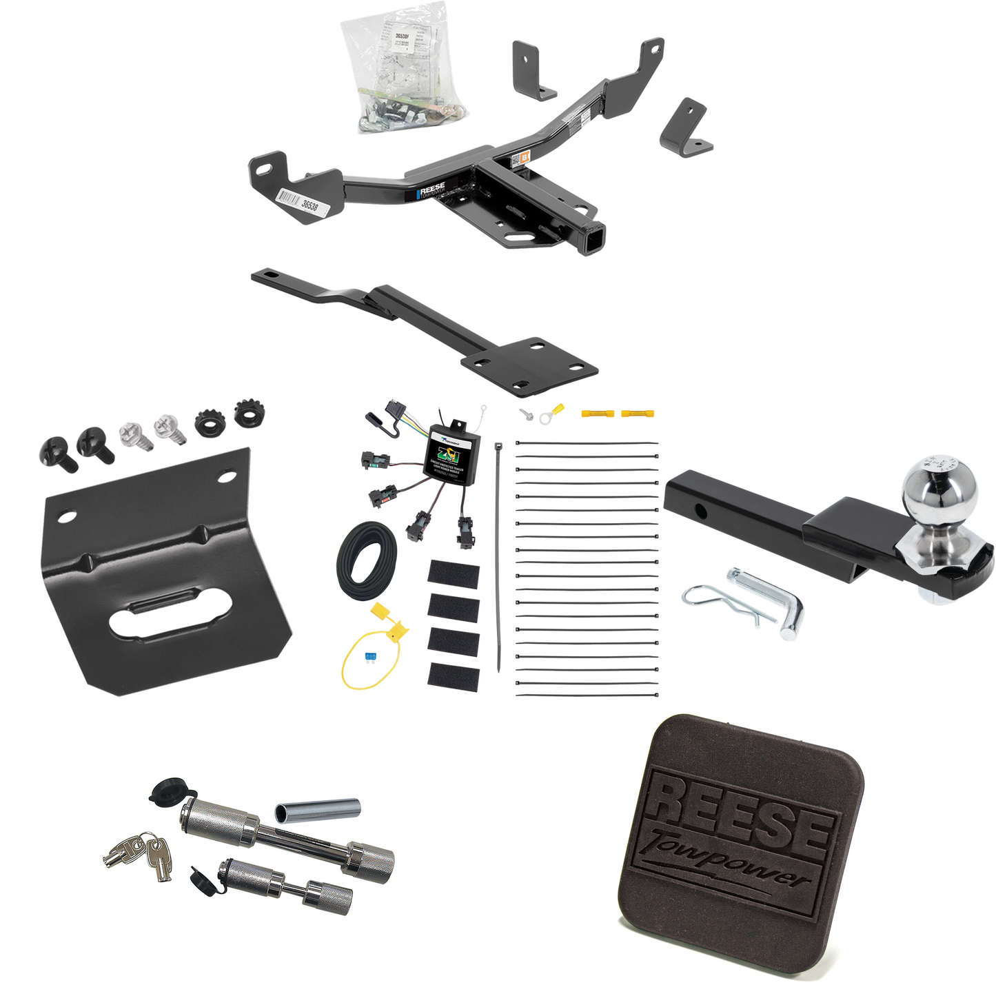 Fits 2016-2016 Chevrolet Malibu Trailer Hitch Tow PKG w/ 4-Flat Zero Contact "No Splice" Wiring Harness + Interlock Starter Kit w/ 2" Ball 1-1/4" Drop 3/4" Rise + Wiring Bracket + Hitch Cover + Dual Hitch & Coupler Locks (For Limited LTZ, Except Cana