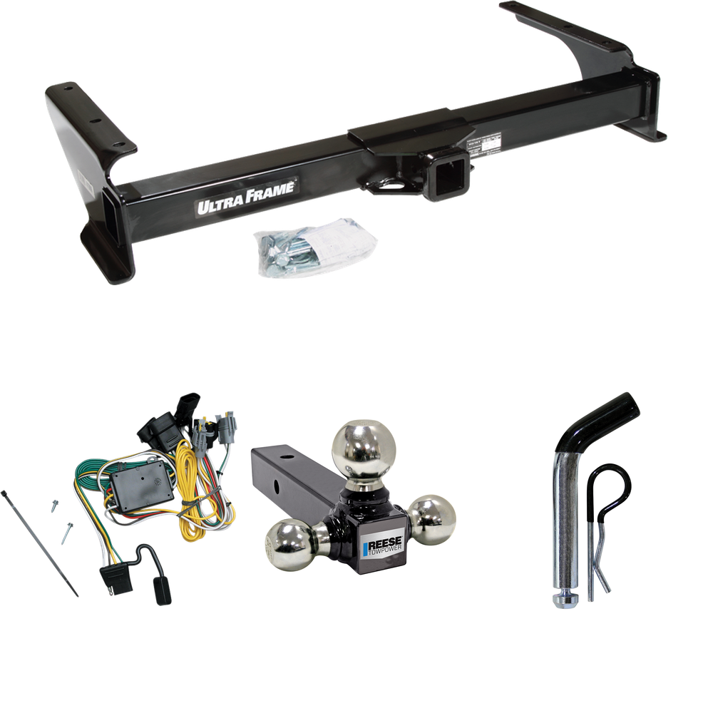 Fits 1992-1994 Ford E-350 Econoline Trailer Hitch Tow PKG w/ 4-Flat Wiring Harness + Triple Ball Ball Mount 1-7/8" & 2" & 2-5/16" Trailer Balls + Pin/Clip By Draw-Tite