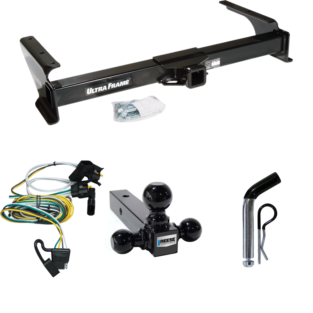 Fits 1995-2002 Ford E-350 Econoline Trailer Hitch Tow PKG w/ 4-Flat Wiring Harness + Triple Ball Ball Mount 1-7/8" & 2" & 2-5/16" Trailer Balls + Pin/Clip By Draw-Tite