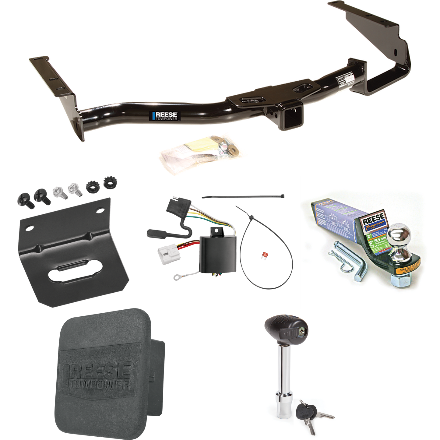 Fits 2004-2007 Toyota Highlander Trailer Hitch Tow PKG w/ 4-Flat Wiring + Starter Kit Ball Mount w/ 2" Drop & 1-7/8" Ball + Wiring Bracket + Hitch Lock + Hitch Cover By Reese Towpower