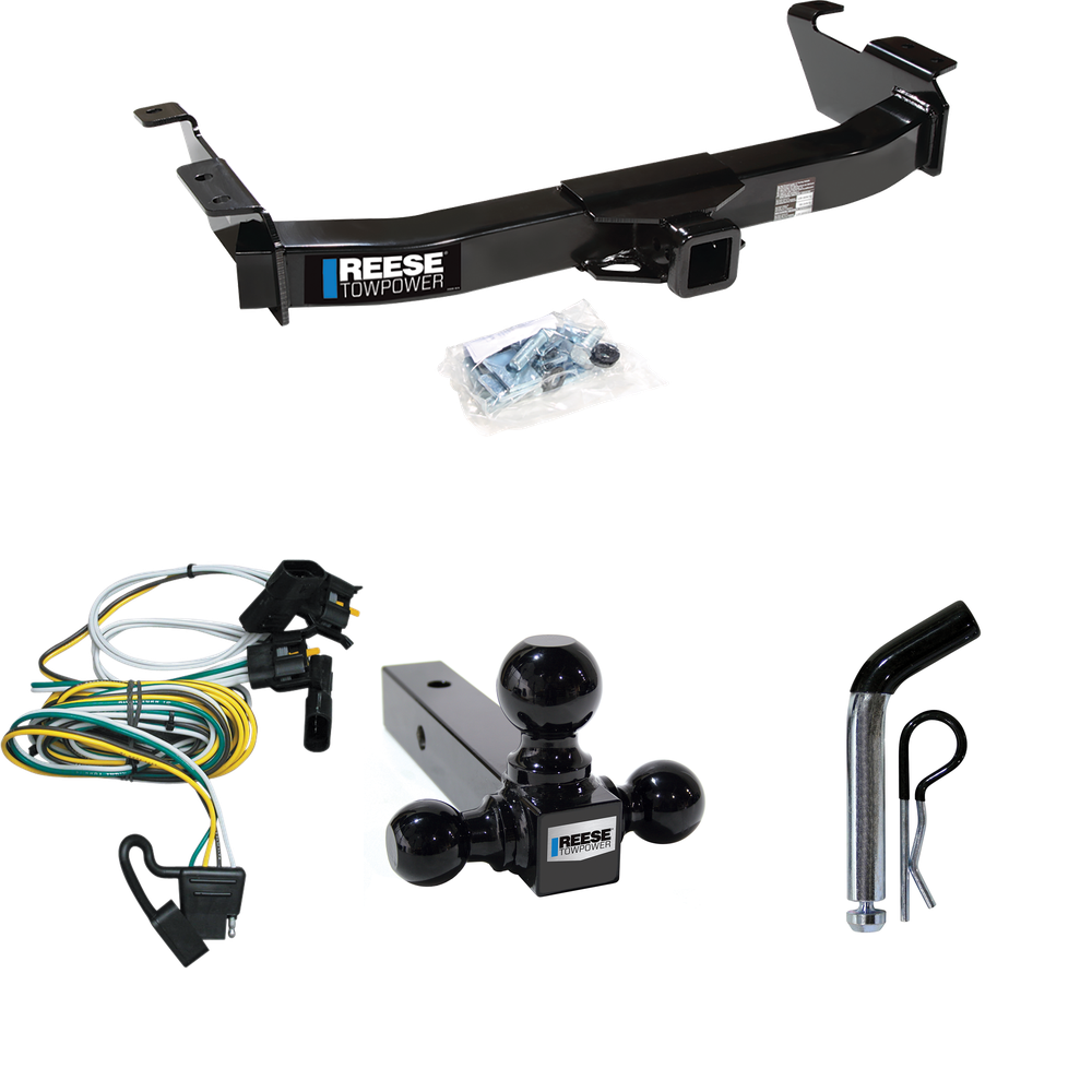 Fits 2000-2002 Ford E-250 Econoline Trailer Hitch Tow PKG w/ 4-Flat Wiring Harness + Triple Ball Ball Mount 1-7/8" & 2" & 2-5/16" Trailer Balls + Pin/Clip By Reese Towpower