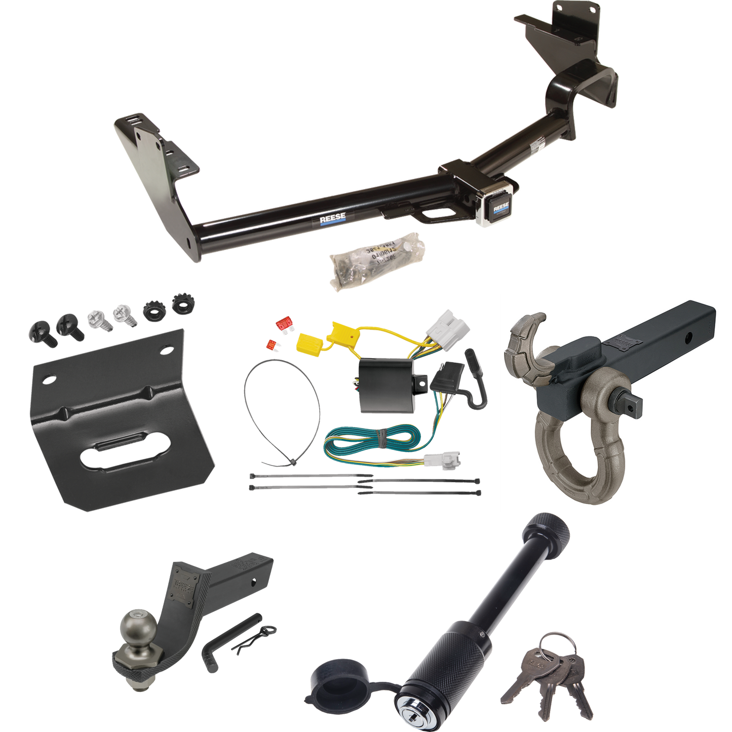 Fits 2008-2013 Toyota Highlander Trailer Hitch Tow PKG w/ 4-Flat Wiring + Interlock Tactical Starter Kit w/ 3-1/4" Drop & 2" Ball + Tactical Hook & Shackle Mount + Tactical Dogbone Lock + Wiring Bracket By Reese Towpower