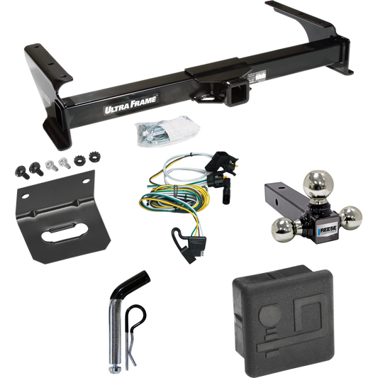 Se adapta al paquete de enganche de remolque Ford E-150 Econoline 1995-2002 con arnés de cableado de 4 planos + soporte de bola triple de bolas de remolque de 1-7/8" y 2" y 2-5/16" + pasador/clip + cubierta de enganche + Soporte de cableado de Draw-Tite