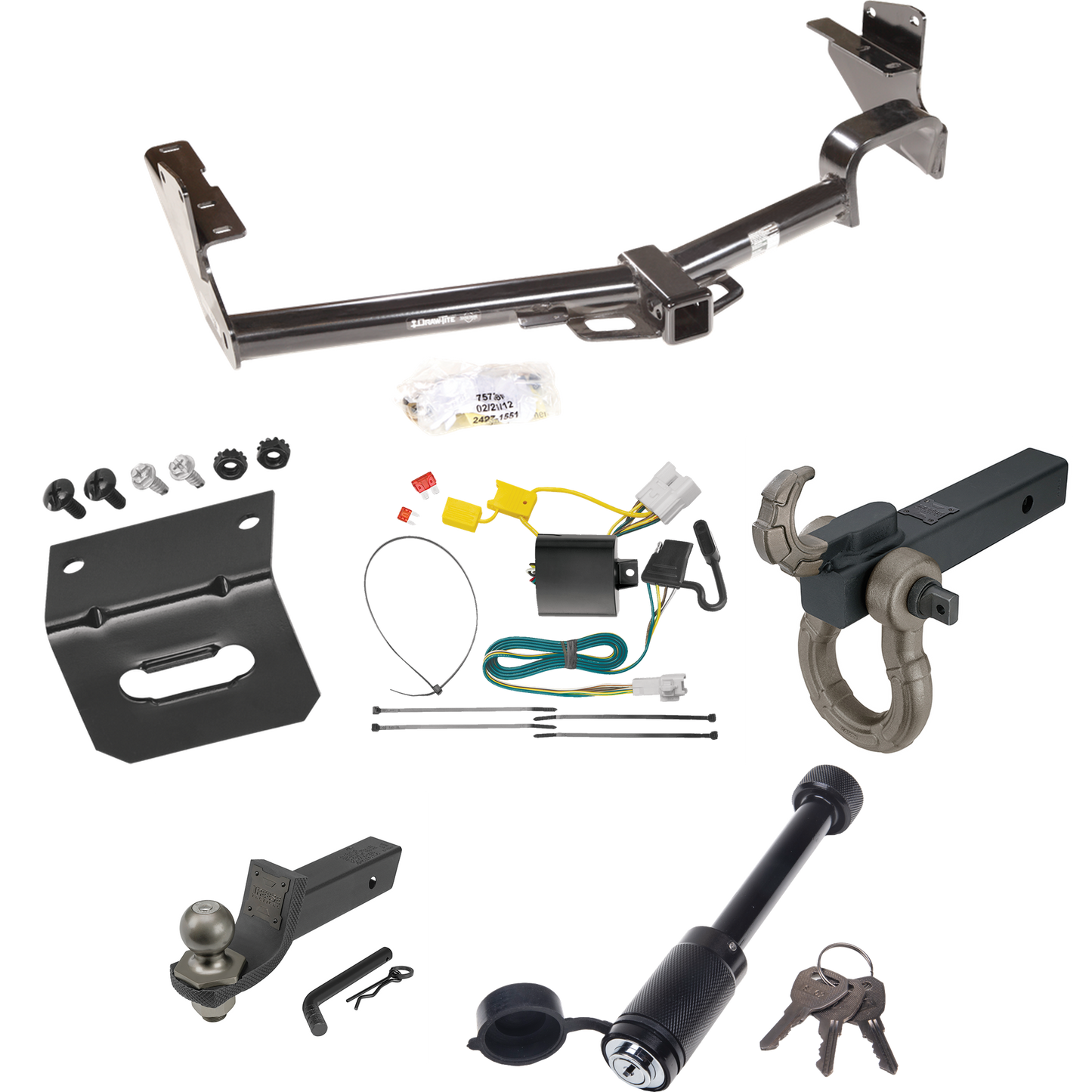 Fits 2008-2013 Toyota Highlander Trailer Hitch Tow PKG w/ 4-Flat Wiring + Interlock Tactical Starter Kit w/ 2" Drop & 2" Ball + Tactical Hook & Shackle Mount + Tactical Dogbone Lock + Wiring Bracket By Draw-Tite