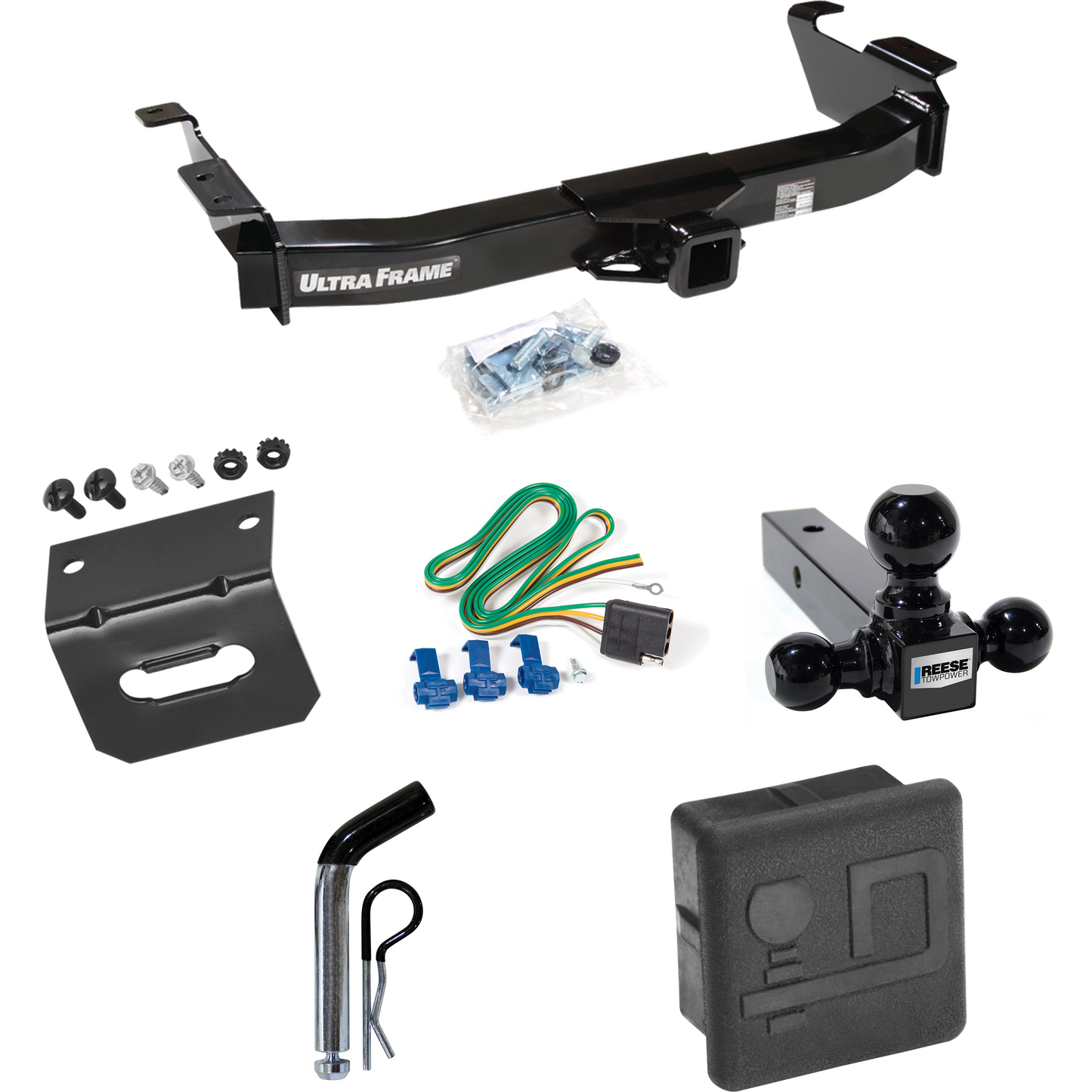 Se adapta al paquete de enganche de remolque Ford E-150 Econoline 2003-2007 con arnés de cableado de 4 planos + soporte de bola triple de bolas de remolque de 1-7/8" y 2" y 2-5/16" + pasador/clip + cubierta de enganche + Soporte de cableado de Draw-Tite