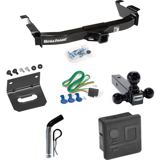 Se adapta al paquete de enganche de remolque Ford E-150 Econoline 2003-2007 con arnés de cableado de 4 planos + soporte de bola triple de bolas de remolque de 1-7/8" y 2" y 2-5/16" + pasador/clip + cubierta de enganche + Soporte de cableado de Draw-Tite