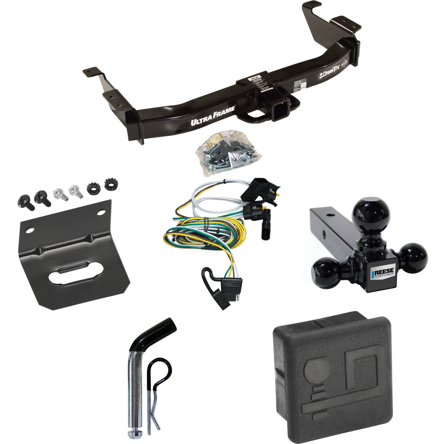 Se adapta al paquete de enganche de remolque Ford E-150 Econoline 2000-2002 con arnés de cableado de 4 planos + soporte de bola triple de bolas de remolque de 1-7/8" y 2" y 2-5/16" + pasador/clip + cubierta de enganche + Soporte de cableado de Draw-Tite