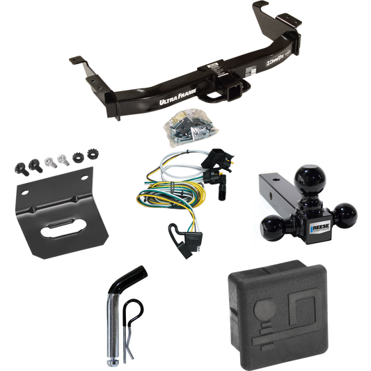 Fits 2000-2002 Ford E-150 Econoline Trailer Hitch Tow PKG w/ 4-Flat Wiring Harness + Triple Ball Ball Mount 1-7/8" & 2" & 2-5/16" Trailer Balls + Pin/Clip + Hitch Cover + Wiring Bracket By Draw-Tite