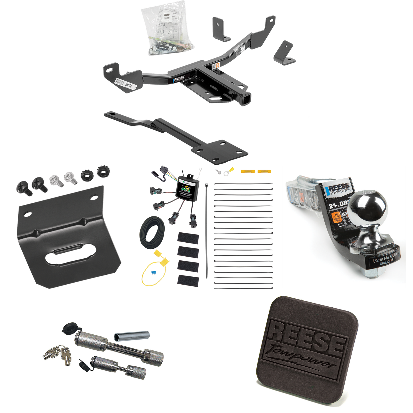 Fits 2016-2016 Chevrolet Malibu Trailer Hitch Tow PKG w/ 4-Flat Zero Contact "No Splice" Wiring Harness + Interlock Starter Kit w/ 2" Ball 2-1/2" Drop 2" Rise + Wiring Bracket + Hitch Cover + Dual Hitch & Coupler Locks (For Limited, Except LTZ & Cana