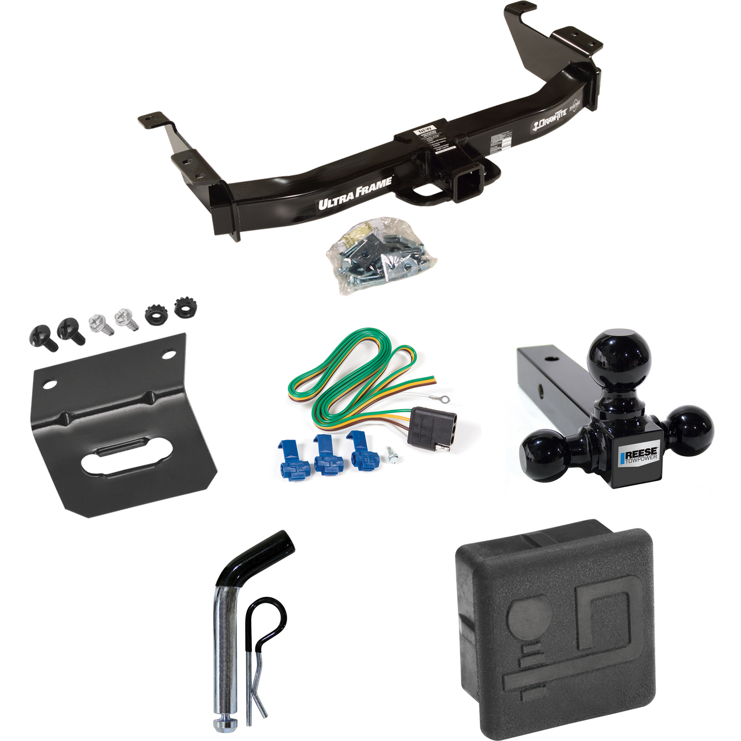 Se adapta al paquete de enganche de remolque Ford E-250 Econoline 2003-2007 con arnés de cableado de 4 planos + soporte de bola triple de bolas de remolque de 1-7/8" y 2" y 2-5/16" + pasador/clip + cubierta de enganche + Soporte de cableado de Draw-Tite