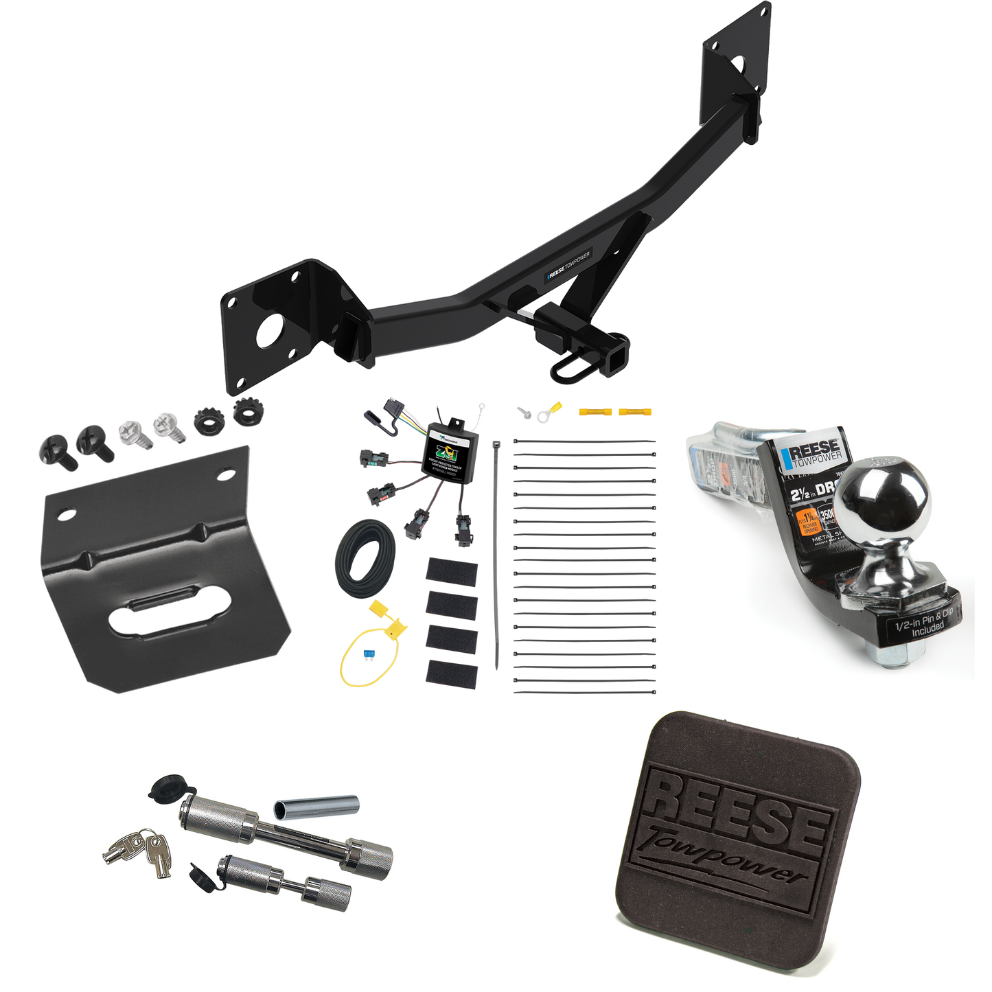 Fits 2017-2019 Buick LaCrosse Trailer Hitch Tow PKG w/ 4-Flat Zero Contact "No Splice" Wiring Harness + Interlock Starter Kit w/ 2" Ball 2-1/2" Drop 2" Rise + Wiring Bracket + Hitch Cover + Dual Hitch & Coupler Locks By Reese Towpower