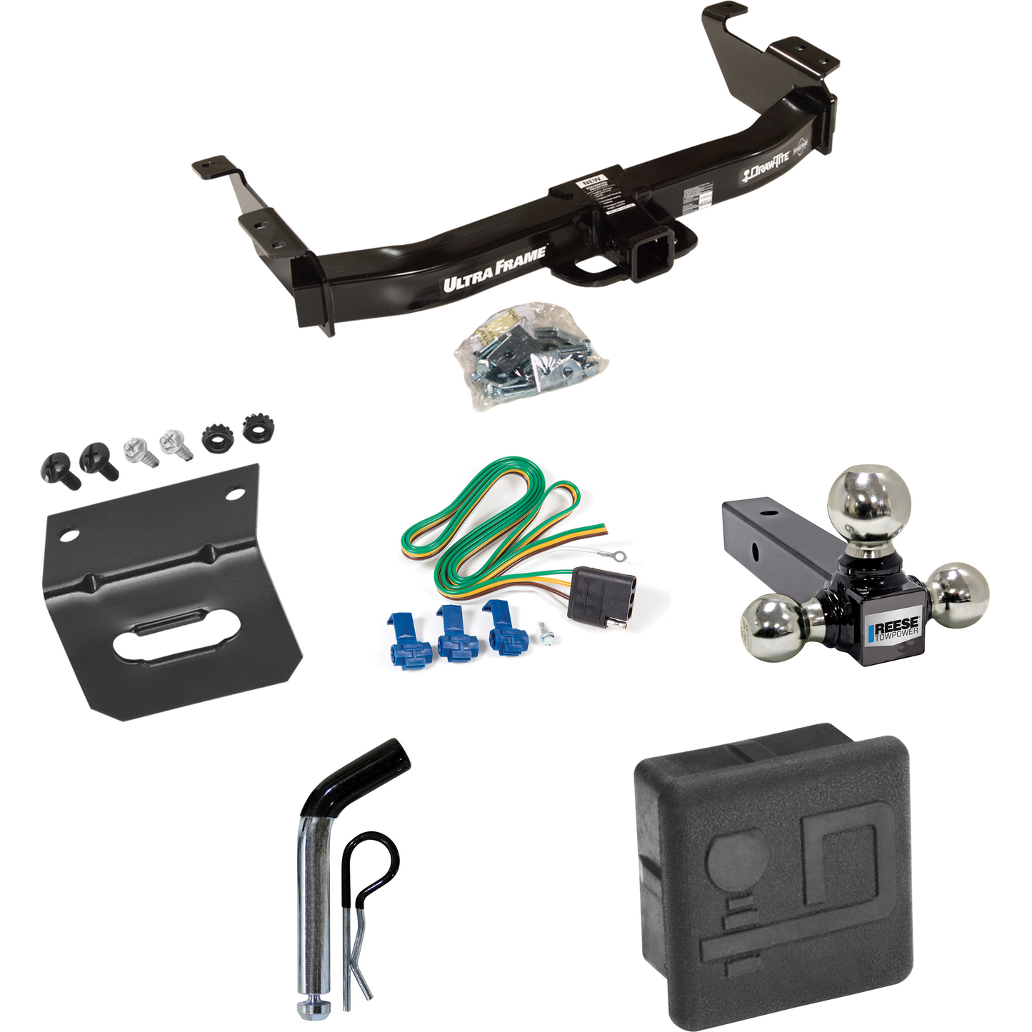 Fits 2003-2007 Ford E-150 Econoline Trailer Hitch Tow PKG w/ 4-Flat Wiring Harness + Triple Ball Ball Mount 1-7/8" & 2" & 2-5/16" Trailer Balls + Pin/Clip + Hitch Cover + Wiring Bracket By Draw-Tite