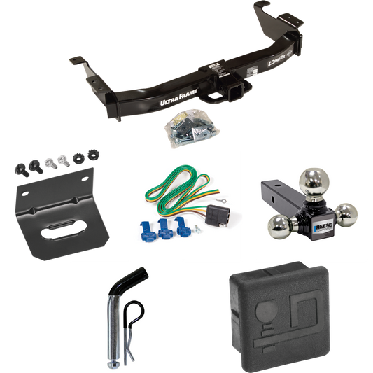 Fits 2003-2007 Ford E-150 Econoline Trailer Hitch Tow PKG w/ 4-Flat Wiring Harness + Triple Ball Ball Mount 1-7/8" & 2" & 2-5/16" Trailer Balls + Pin/Clip + Hitch Cover + Wiring Bracket By Draw-Tite