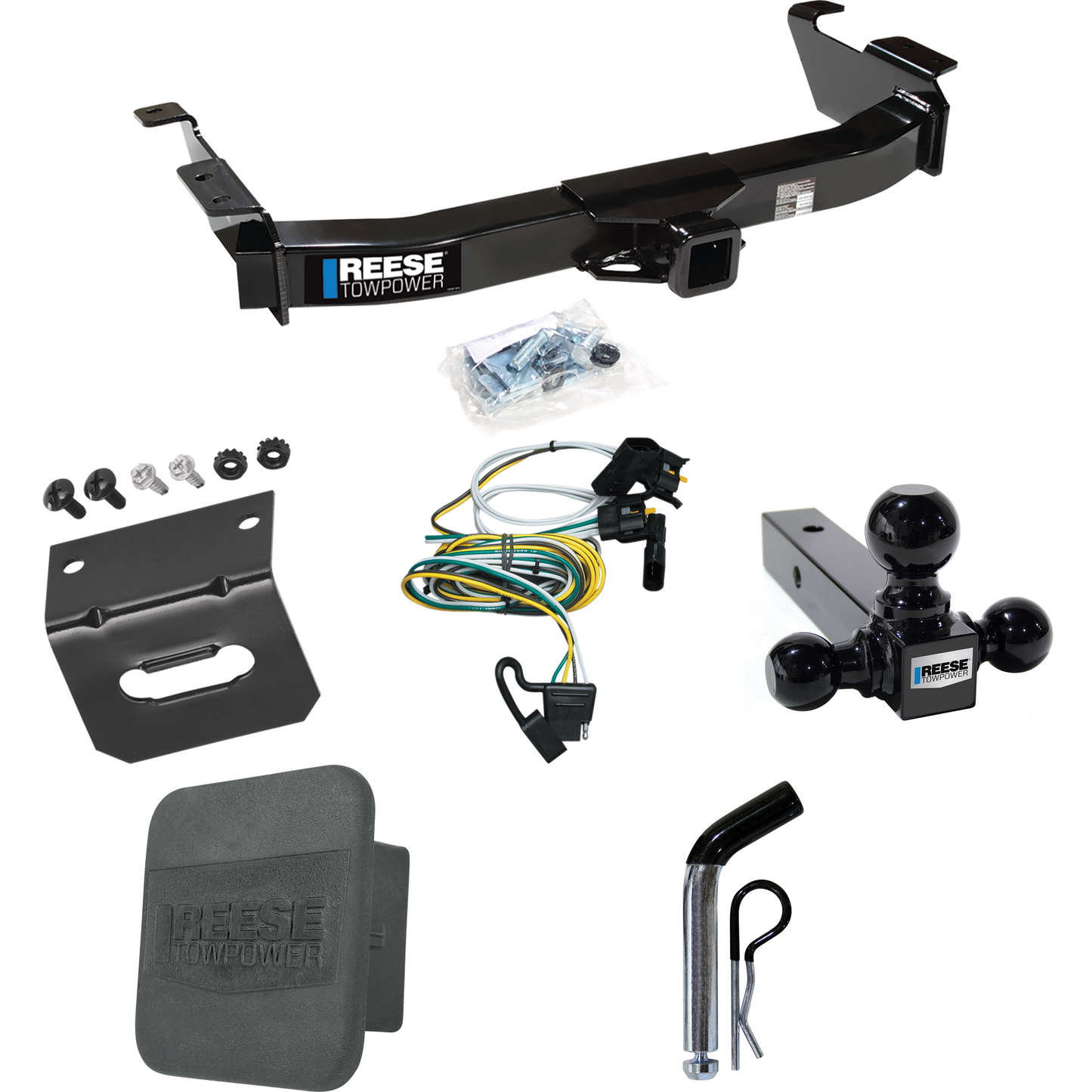 Fits 2000-2002 Ford E-150 Econoline Trailer Hitch Tow PKG w/ 4-Flat Wiring Harness + Triple Ball Ball Mount 1-7/8" & 2" & 2-5/16" Trailer Balls + Pin/Clip + Hitch Cover + Wiring Bracket By Reese Towpower