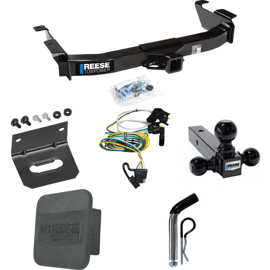 Fits 2000-2002 Ford E-150 Econoline Trailer Hitch Tow PKG w/ 4-Flat Wiring Harness + Triple Ball Ball Mount 1-7/8" & 2" & 2-5/16" Trailer Balls + Pin/Clip + Hitch Cover + Wiring Bracket By Reese Towpower