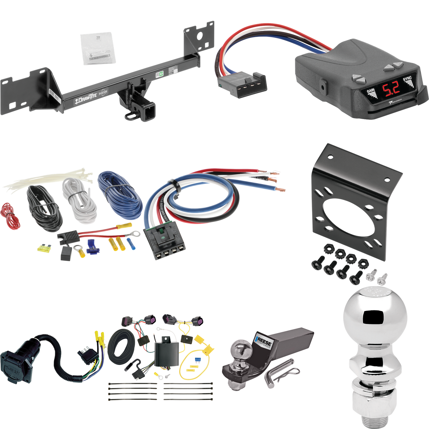 Se adapta al paquete de enganche de remolque RAM ProMaster City 2015-2023 con control de freno Tekonsha Brakeman IV + adaptador de cableado BC genérico + cableado RV de 7 vías + soporte de bola y caída de 2" y 2-5/16" de Draw-Tite