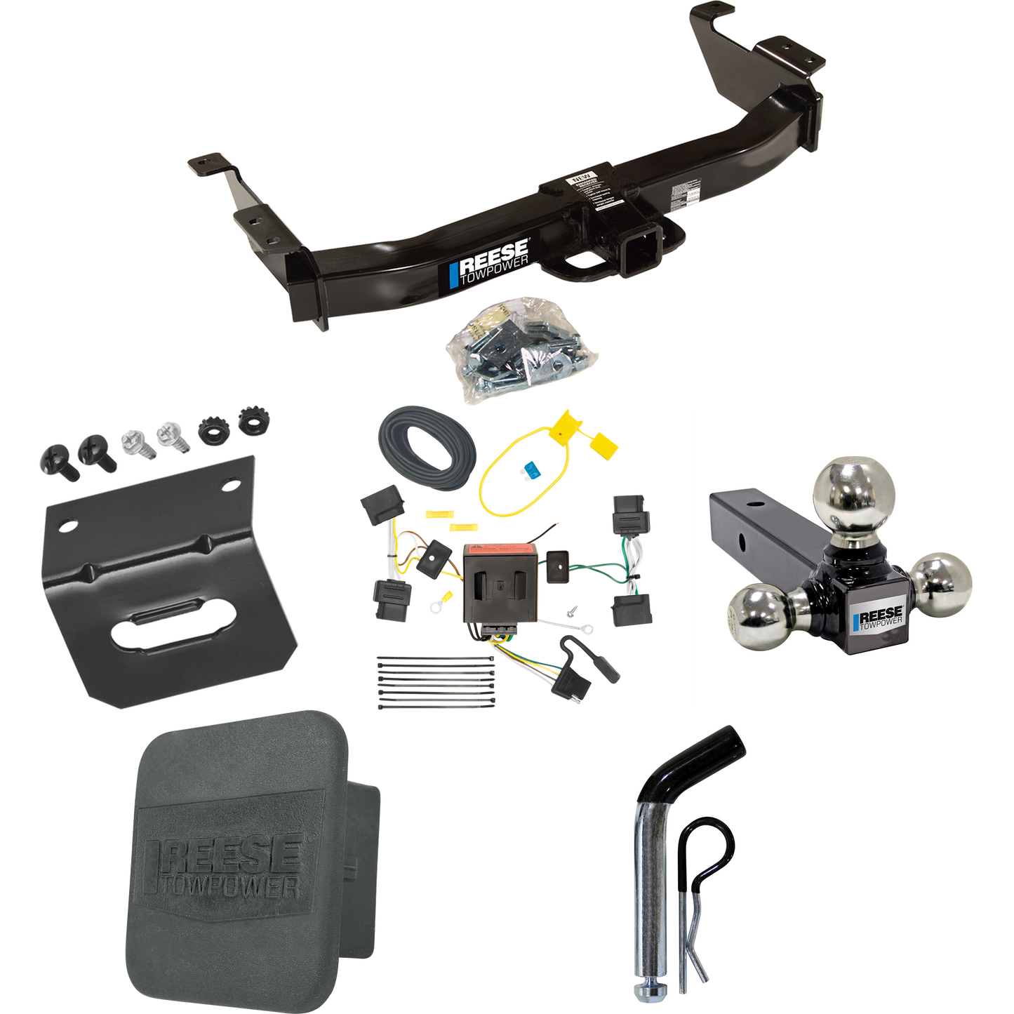 Fits 2008-2014 Ford E-250 Econoline Trailer Hitch Tow PKG w/ 4-Flat Wiring Harness + Triple Ball Ball Mount 1-7/8" & 2" & 2-5/16" Trailer Balls + Pin/Clip + Hitch Cover + Wiring Bracket By Reese Towpower