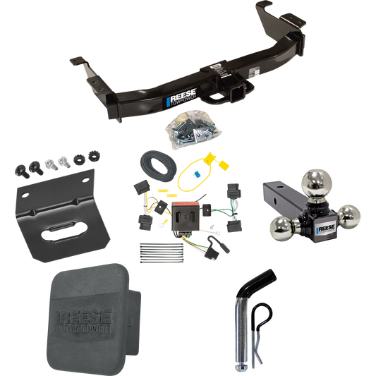 Fits 2008-2014 Ford E-250 Econoline Trailer Hitch Tow PKG w/ 4-Flat Wiring Harness + Triple Ball Ball Mount 1-7/8" & 2" & 2-5/16" Trailer Balls + Pin/Clip + Hitch Cover + Wiring Bracket By Reese Towpower