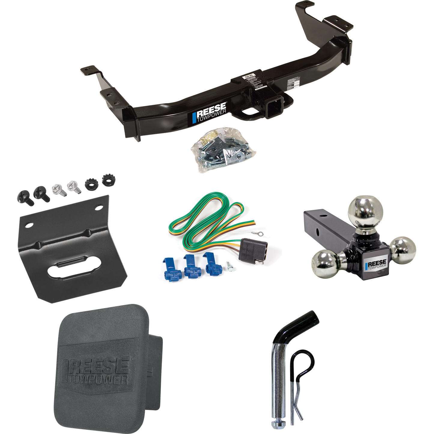 Fits 2003-2007 Ford E-250 Econoline Trailer Hitch Tow PKG w/ 4-Flat Wiring Harness + Triple Ball Ball Mount 1-7/8" & 2" & 2-5/16" Trailer Balls + Pin/Clip + Hitch Cover + Wiring Bracket By Reese Towpower