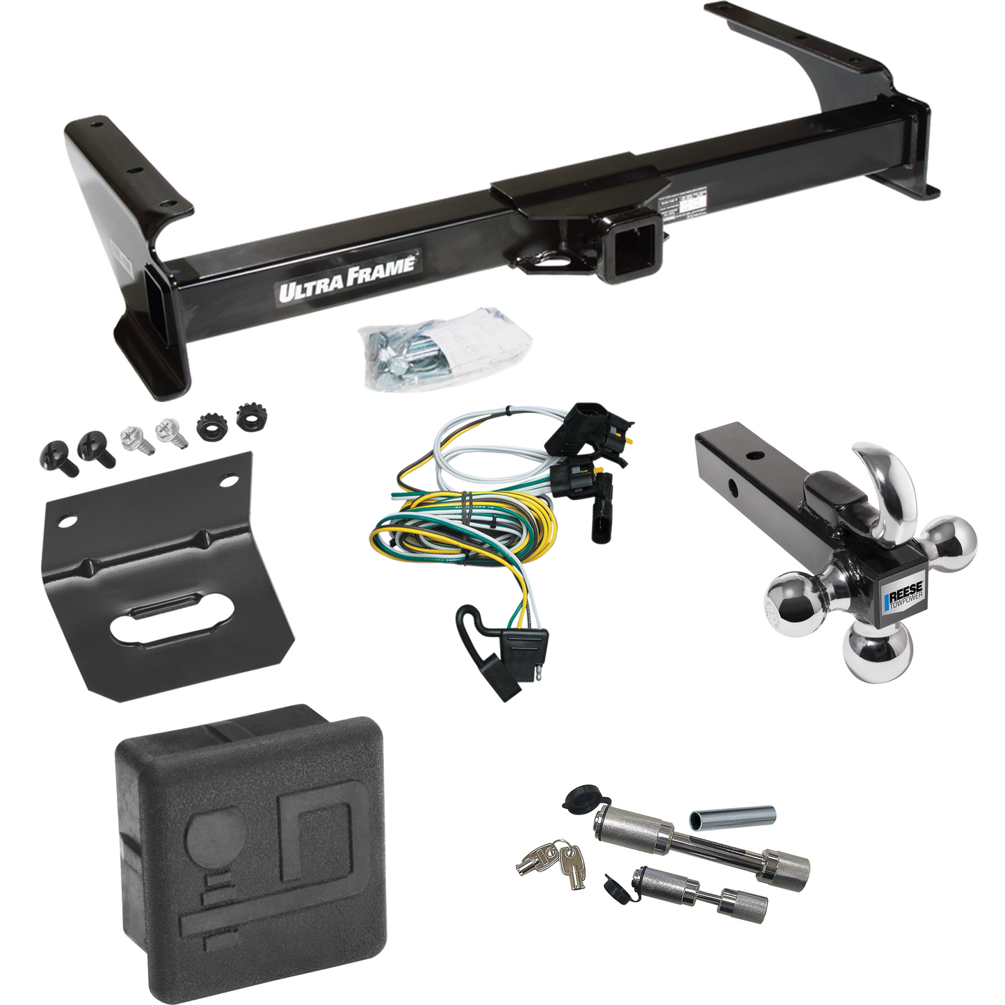 Fits 1995-2002 Ford E-250 Econoline Trailer Hitch Tow PKG w/ 4-Flat Wiring Harness + Triple Ball Ball Mount 1-7/8" & 2" & 2-5/16" Trailer Balls w/ Tow Hook + Dual Hitch & Coupler Locks + Hitch Cover + Wiring Bracket By Draw-Tite