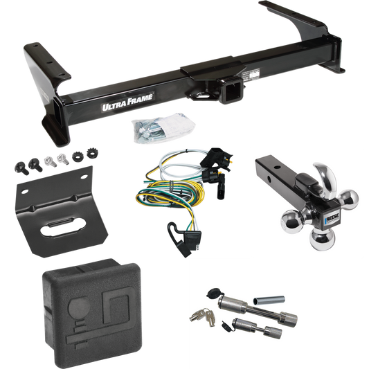 Fits 1995-2002 Ford E-250 Econoline Trailer Hitch Tow PKG w/ 4-Flat Wiring Harness + Triple Ball Ball Mount 1-7/8" & 2" & 2-5/16" Trailer Balls w/ Tow Hook + Dual Hitch & Coupler Locks + Hitch Cover + Wiring Bracket By Draw-Tite