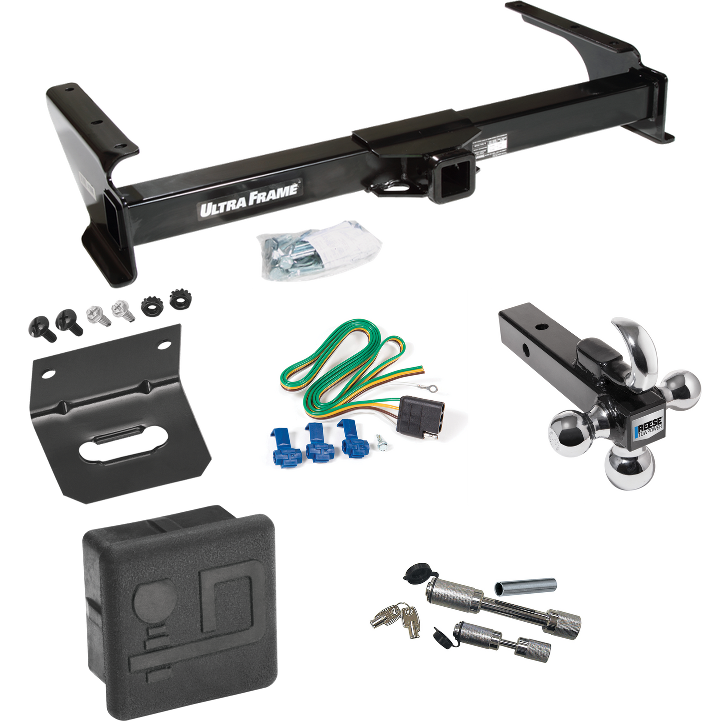 Fits 2003-2007 Ford E-150 Econoline Trailer Hitch Tow PKG w/ 4-Flat Wiring Harness + Triple Ball Ball Mount 1-7/8" & 2" & 2-5/16" Trailer Balls w/ Tow Hook + Dual Hitch & Coupler Locks + Hitch Cover + Wiring Bracket By Draw-Tite