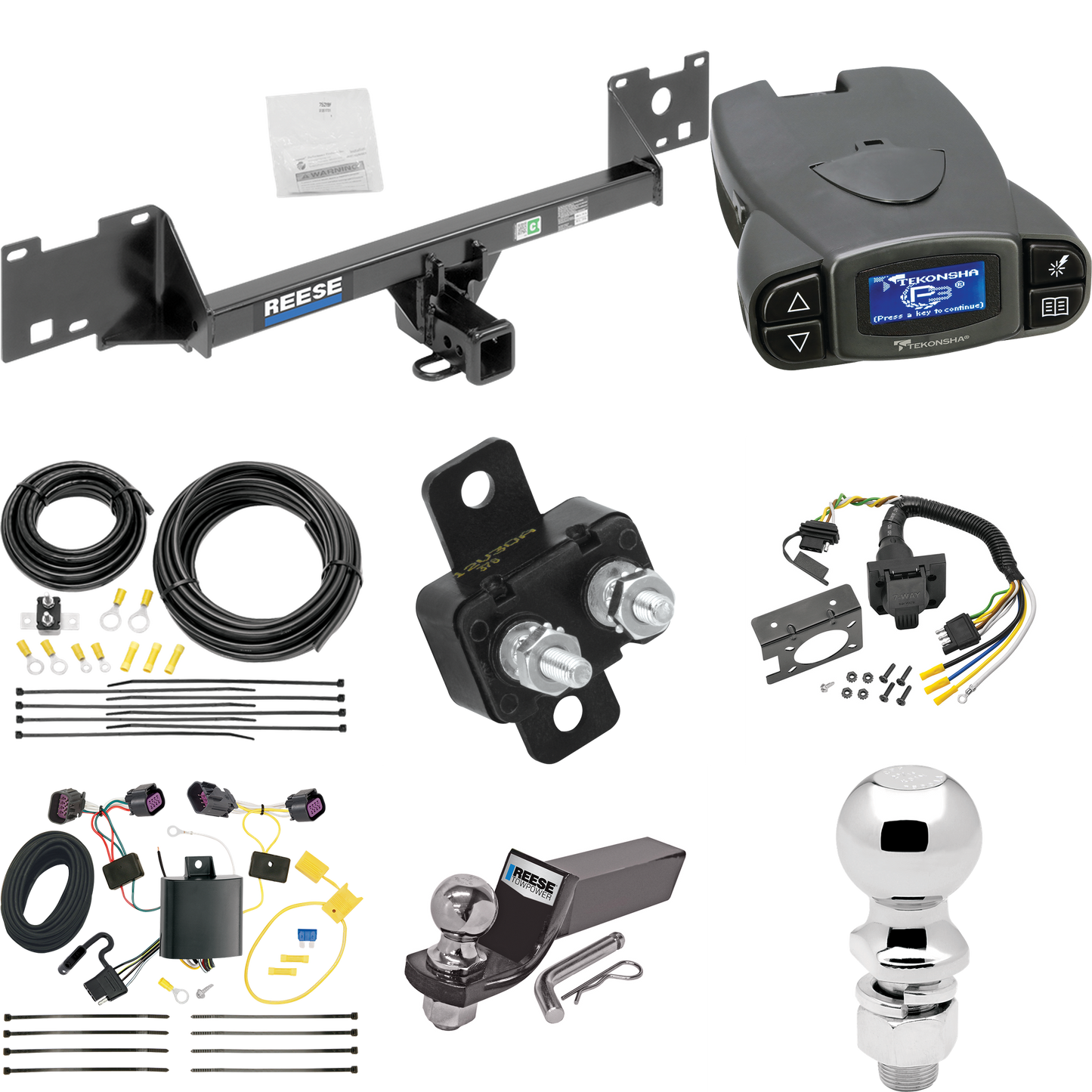 Se adapta al paquete de enganche de remolque RAM ProMaster City 2015-2023 con control de freno Tekonsha Prodigy P3 + cableado RV de 7 vías + soporte de bola y caída de 2" y 2-5/16" de Reese Towpower