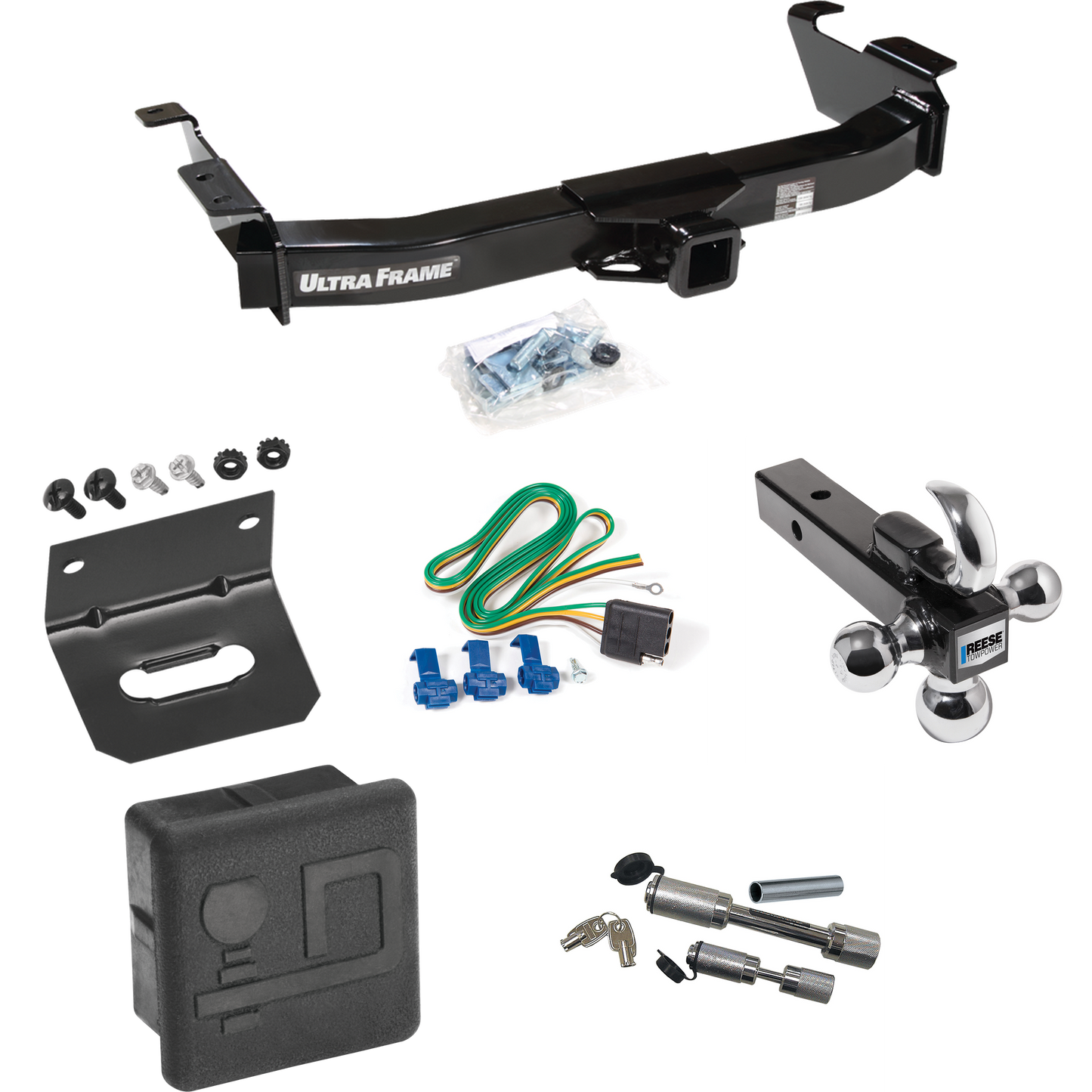 Fits 2003-2007 Ford E-150 Econoline Trailer Hitch Tow PKG w/ 4-Flat Wiring Harness + Triple Ball Ball Mount 1-7/8" & 2" & 2-5/16" Trailer Balls w/ Tow Hook + Dual Hitch & Coupler Locks + Hitch Cover + Wiring Bracket By Draw-Tite