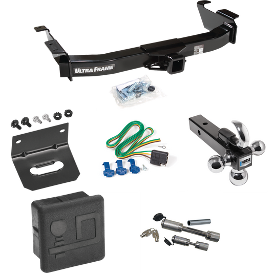 Fits 2003-2007 Ford E-150 Econoline Trailer Hitch Tow PKG w/ 4-Flat Wiring Harness + Triple Ball Ball Mount 1-7/8" & 2" & 2-5/16" Trailer Balls w/ Tow Hook + Dual Hitch & Coupler Locks + Hitch Cover + Wiring Bracket By Draw-Tite