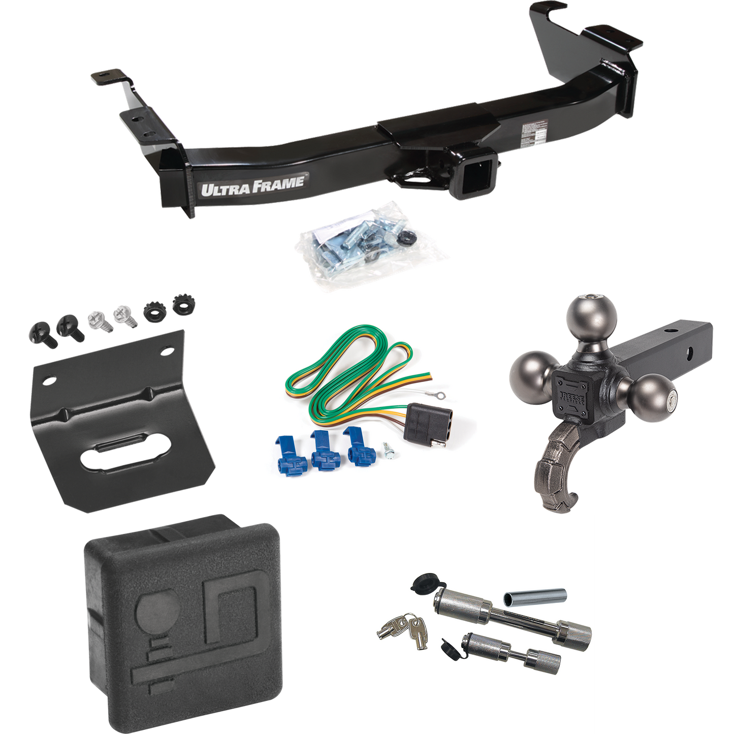 Fits 2003-2007 Ford E-350 Econoline Super Duty Trailer Hitch Tow PKG w/ 4-Flat Wiring Harness + Triple Ball Ball Mount 1-7/8" & 2" & 2-5/16" Trailer Balls w/ Tow Hook + Dual Hitch & Coupler Locks + Hitch Cover + Wiring Bracket By Draw-Tite