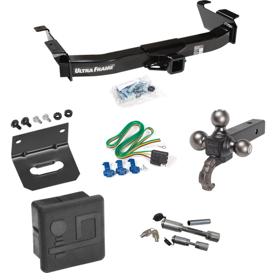 Fits 2003-2007 Ford E-350 Econoline Super Duty Trailer Hitch Tow PKG w/ 4-Flat Wiring Harness + Triple Ball Ball Mount 1-7/8" & 2" & 2-5/16" Trailer Balls w/ Tow Hook + Dual Hitch & Coupler Locks + Hitch Cover + Wiring Bracket By Draw-Tite