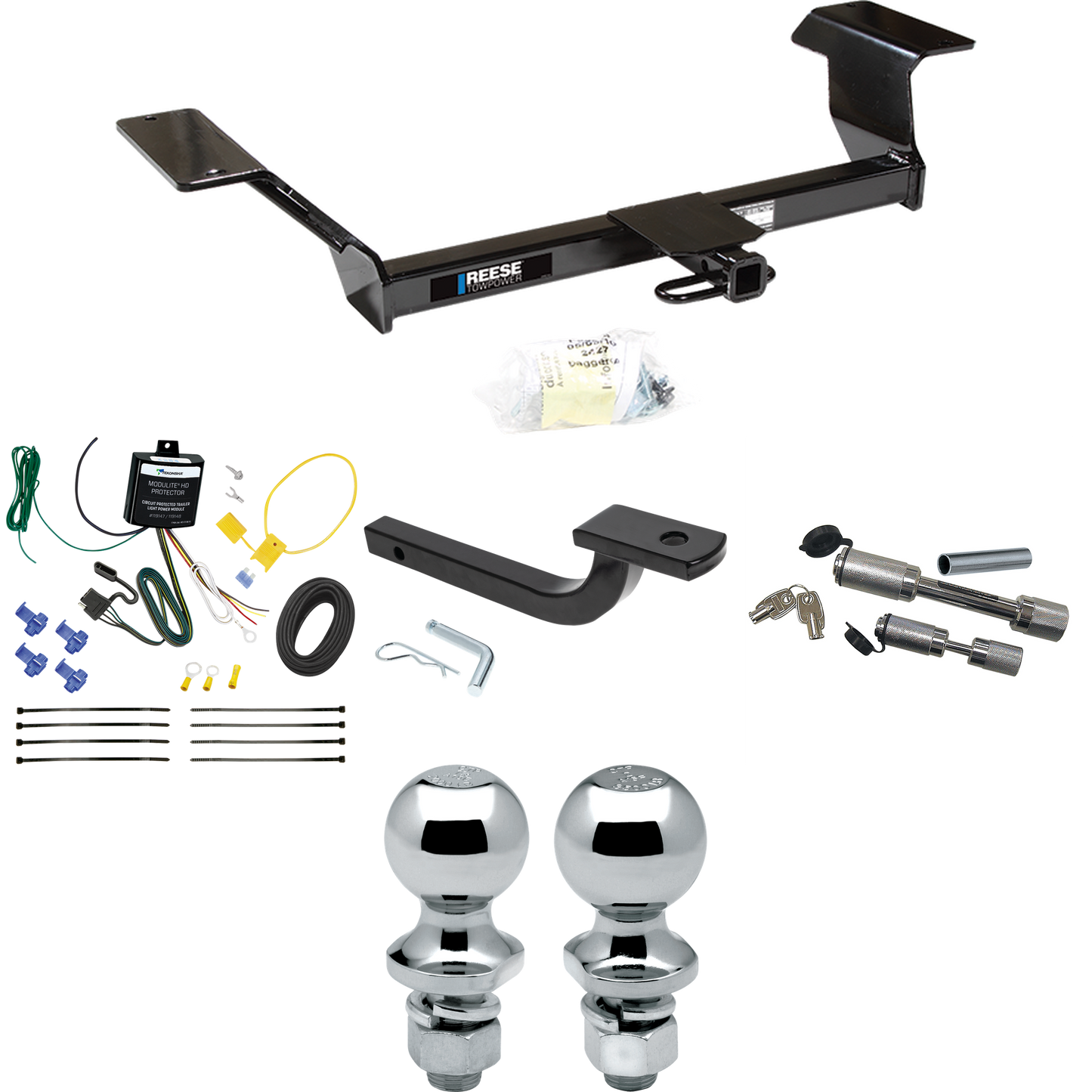 Se adapta al paquete de enganche de remolque Pontiac Bonneville 2000-2005 con arnés de cableado de 4 planos + barra de tracción + bola de 1-7/8" + 2" + enganche doble y cerraduras de acoplador de Reese Towpower