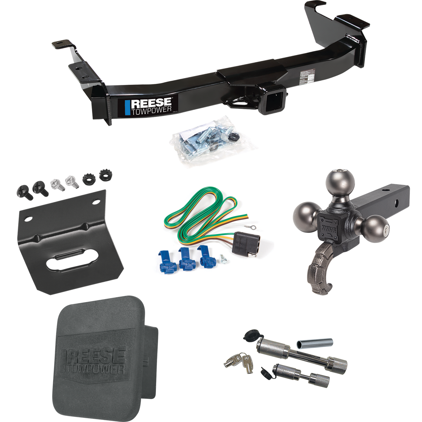 Fits 2003-2007 Ford E-350 Econoline Super Duty Trailer Hitch Tow PKG w/ 4-Flat Wiring Harness + Triple Ball Ball Mount 1-7/8" & 2" & 2-5/16" Trailer Balls w/ Tow Hook + Dual Hitch & Coupler Locks + Hitch Cover + Wiring Bracket By Reese Towpower