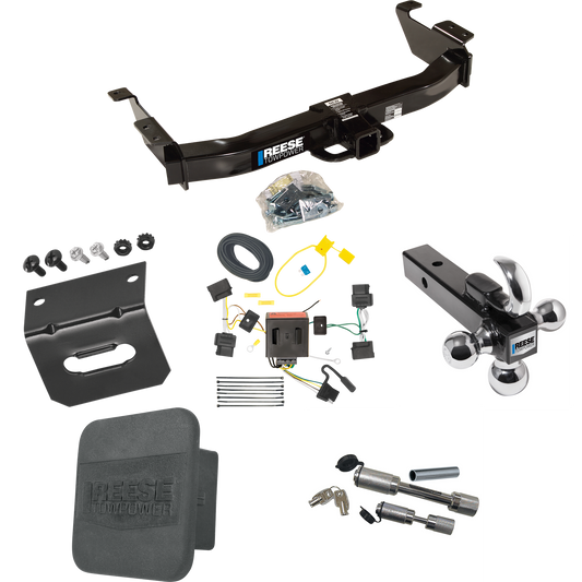 Fits 2008-2014 Ford E-350 Econoline Super Duty Trailer Hitch Tow PKG w/ 4-Flat Wiring Harness + Triple Ball Ball Mount 1-7/8" & 2" & 2-5/16" Trailer Balls w/ Tow Hook + Dual Hitch & Coupler Locks + Hitch Cover + Wiring Bracket By Reese Towpower