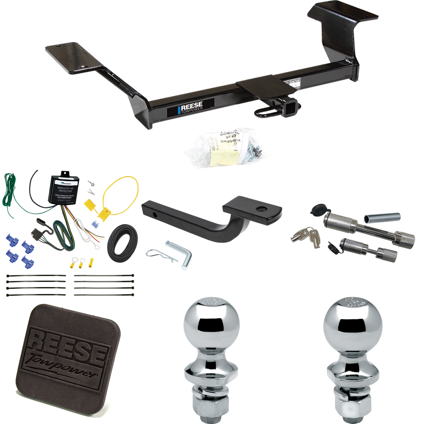 Se adapta al paquete de enganche de remolque Pontiac Bonneville 2000-2005 con arnés de cableado plano de 4 + barra de tracción + bola de 1-7/8" + bola de 2" + cubierta de enganche + enganche doble y cerraduras de acoplador de Reese Towpower