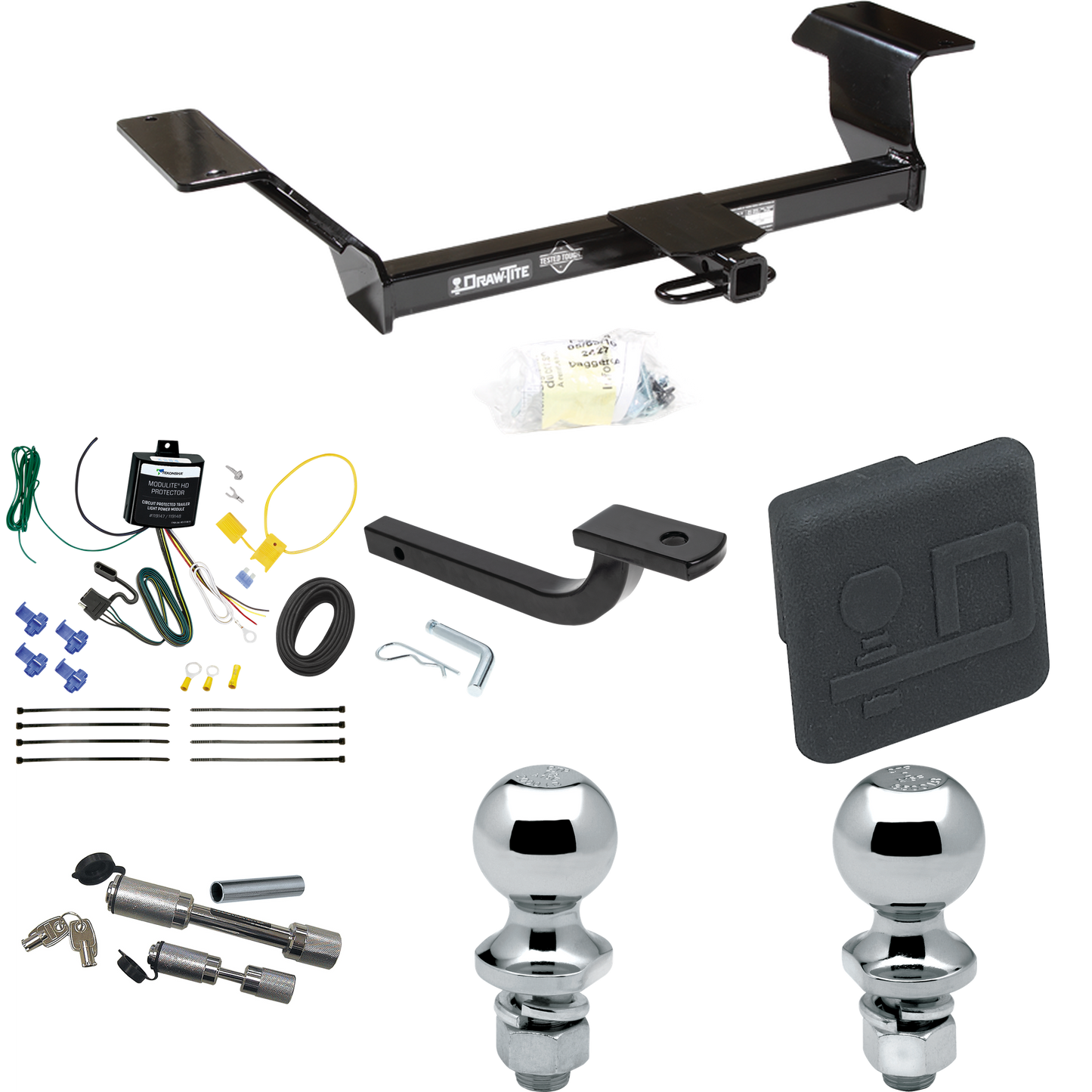 Se adapta al paquete de enganche de remolque Pontiac Bonneville 2000-2005 con arnés de cableado plano de 4 + barra de tracción + bola de 1-7/8" + bola de 2" + cubierta de enganche + enganche doble y cerraduras de acoplador de Draw-Tite