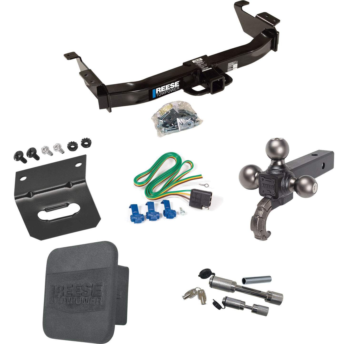 Fits 2003-2007 Ford E-150 Econoline Trailer Hitch Tow PKG w/ 4-Flat Wiring Harness + Triple Ball Ball Mount 1-7/8" & 2" & 2-5/16" Trailer Balls w/ Tow Hook + Dual Hitch & Coupler Locks + Hitch Cover + Wiring Bracket By Reese Towpower