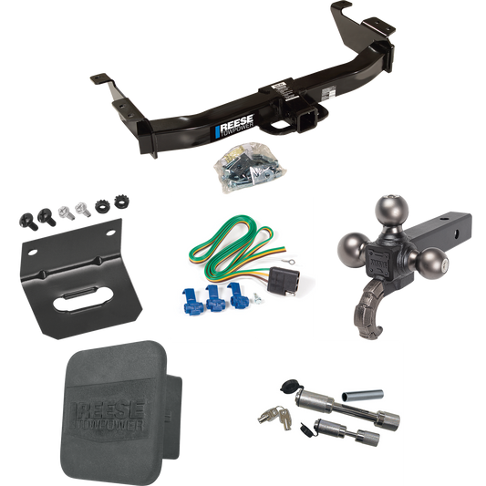 Fits 2003-2007 Ford E-150 Econoline Trailer Hitch Tow PKG w/ 4-Flat Wiring Harness + Triple Ball Ball Mount 1-7/8" & 2" & 2-5/16" Trailer Balls w/ Tow Hook + Dual Hitch & Coupler Locks + Hitch Cover + Wiring Bracket By Reese Towpower