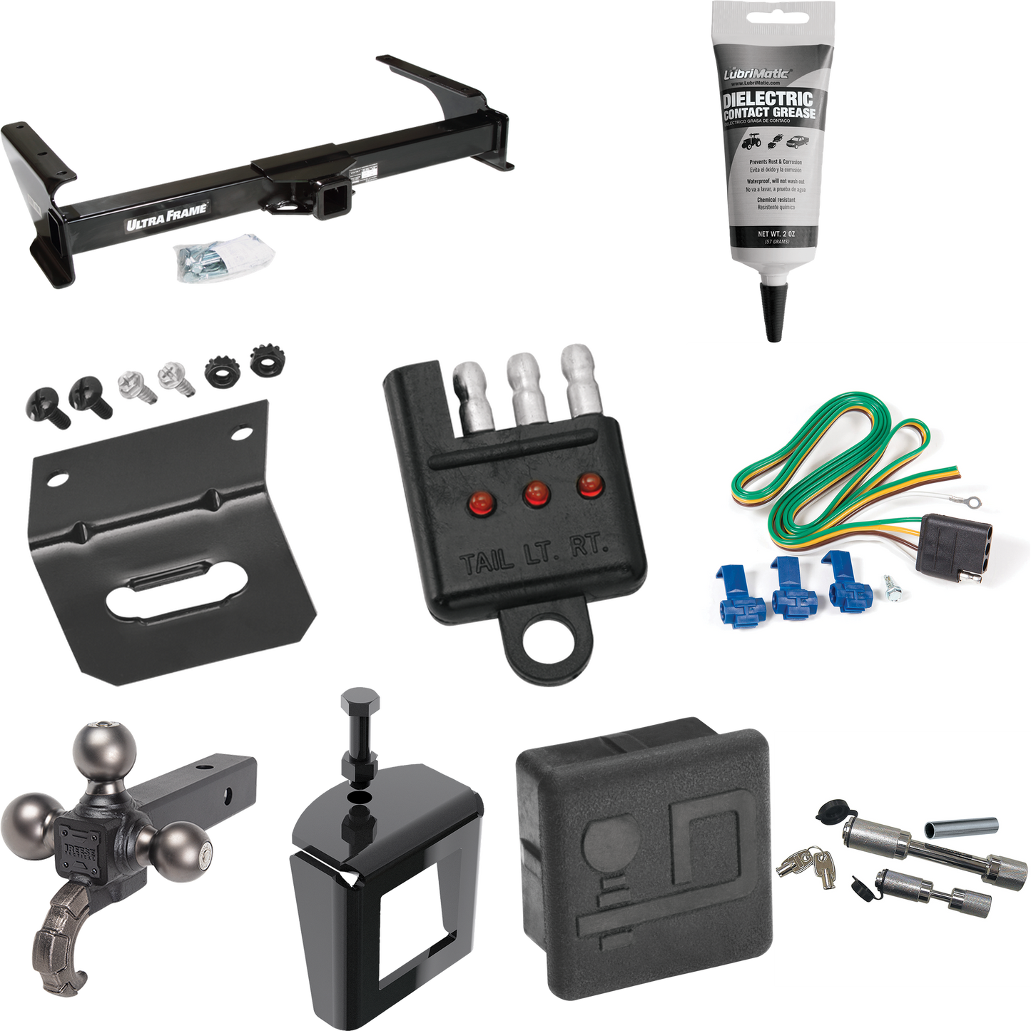 Fits 2003-2007 Ford E-250 Econoline Trailer Hitch Tow PKG w/ 4-Flat Wiring Harness + Triple Ball Ball Mount 1-7/8" & 2" & 2-5/16" Trailer Balls w/ Tow Hook + Dual Hitch & Coupler Locks + Hitch Cover + Wiring Bracket + Wiring Tester + Electric Grease