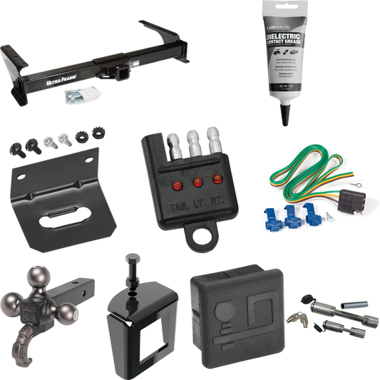 Fits 2003-2007 Ford E-250 Econoline Trailer Hitch Tow PKG w/ 4-Flat Wiring Harness + Triple Ball Ball Mount 1-7/8" & 2" & 2-5/16" Trailer Balls w/ Tow Hook + Dual Hitch & Coupler Locks + Hitch Cover + Wiring Bracket + Wiring Tester + Electric Grease